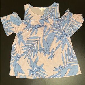 LC Lauren Conrad Cold Shoulder Pink Top with Blue Tropical Print